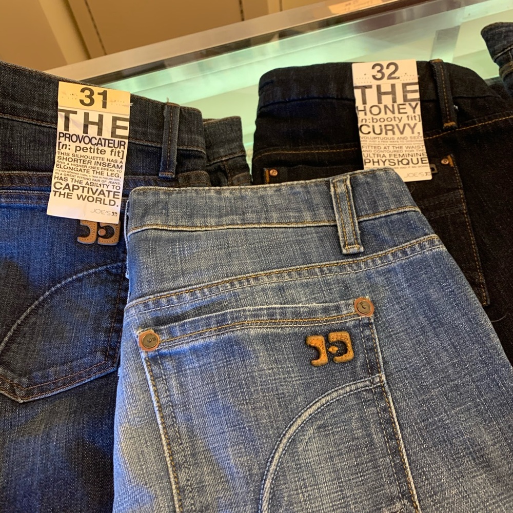 Never worn- Joes Jeans! Multiple sizes and styles.